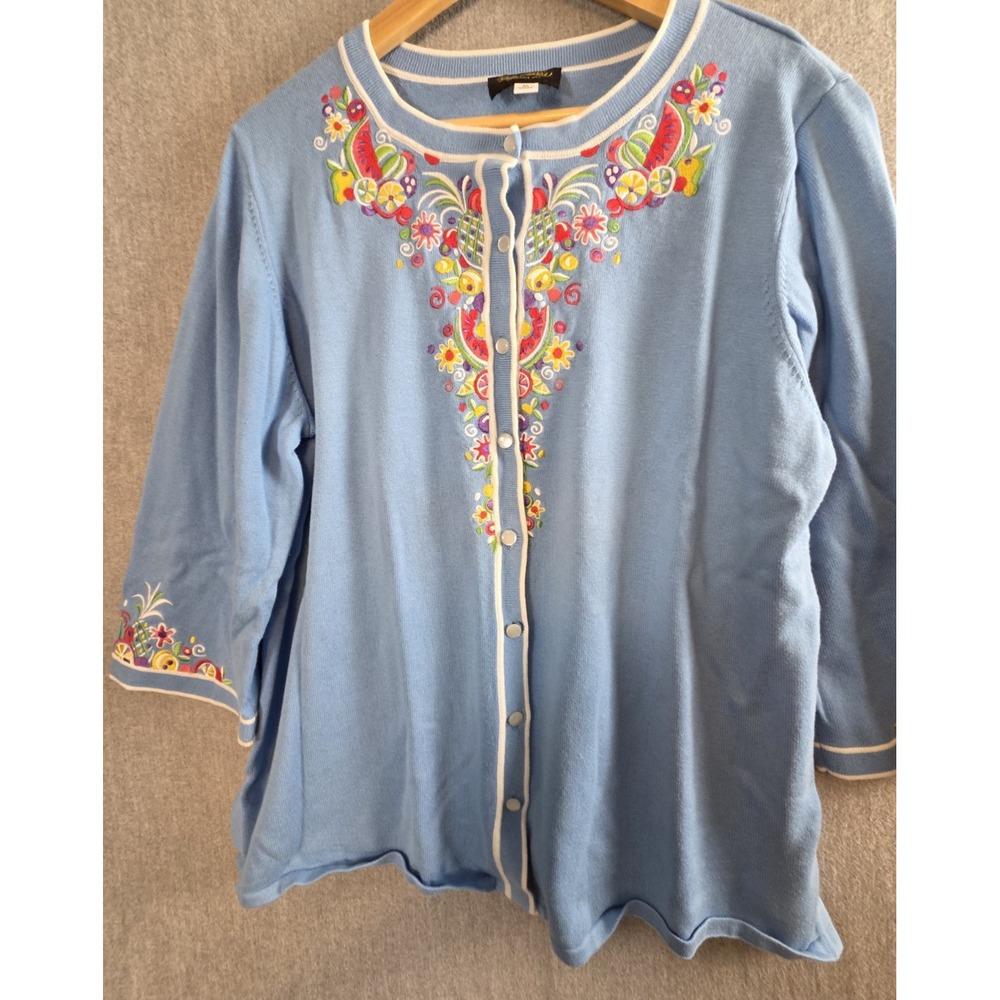Bob Mackie XL Blue Cardigan Sweater Embroidered Tropical Fruit Melons Whimsy Y2K